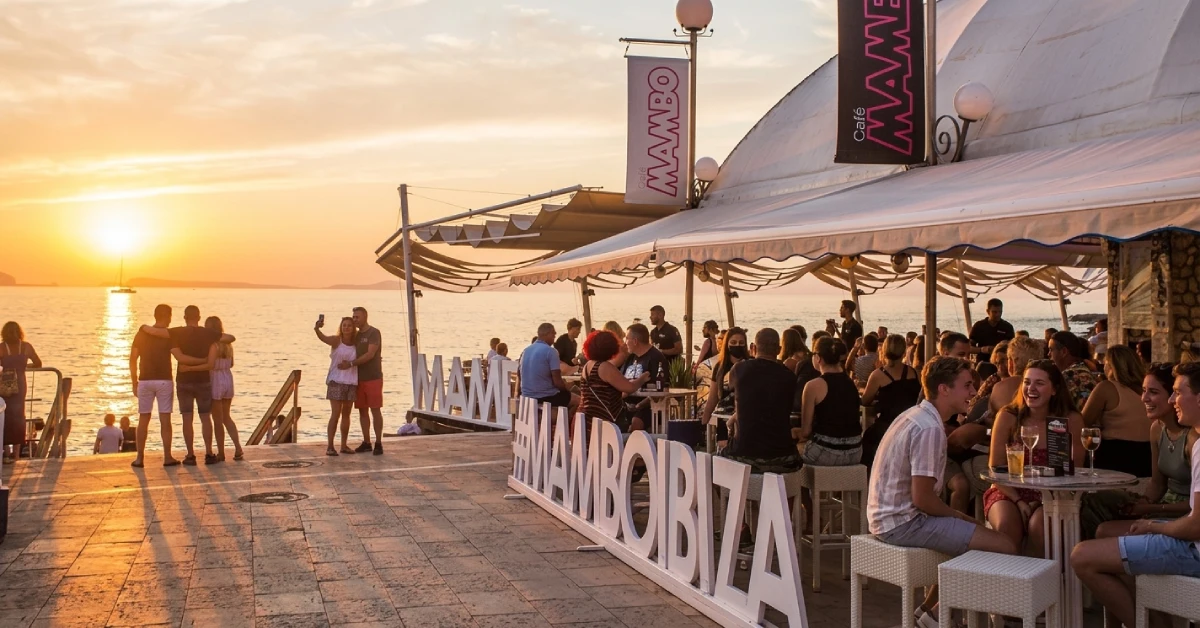 Café Mambo terrace in San Antonio, Ibiza, at sunset