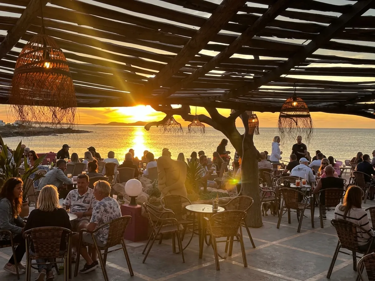 Kumharas terrace in Cala de Bou, Ibiza, at sunset